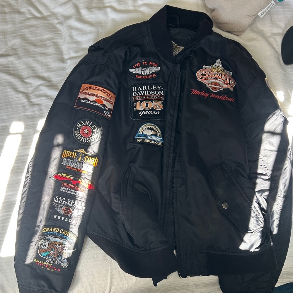 Harley-Davidson Black Bomber Jacket with Colorful Patches